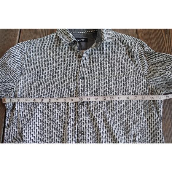 DKNY Shirt Mens Medium Black White Long Sleeve Button Up Allover Logo Pattern - Picture 5 of 8